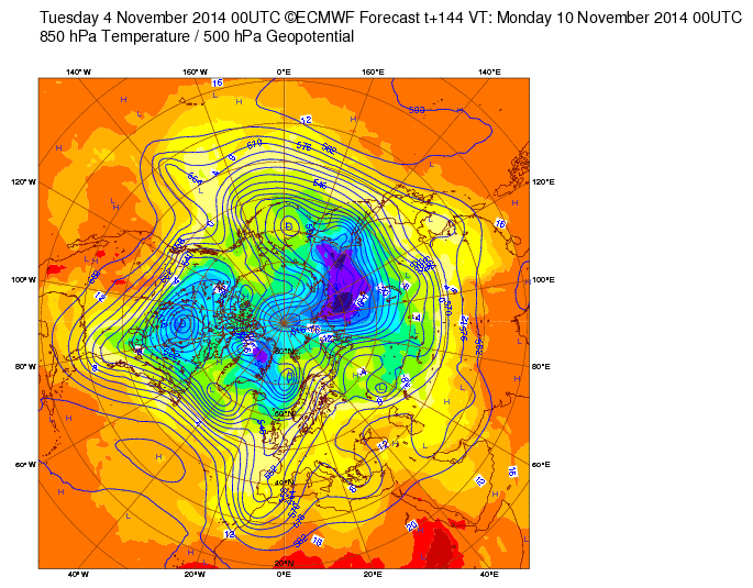 msl_uv850_z500!Geopotential 500 hPa and Temperature at 850 hPa!144!North hemisph.gif